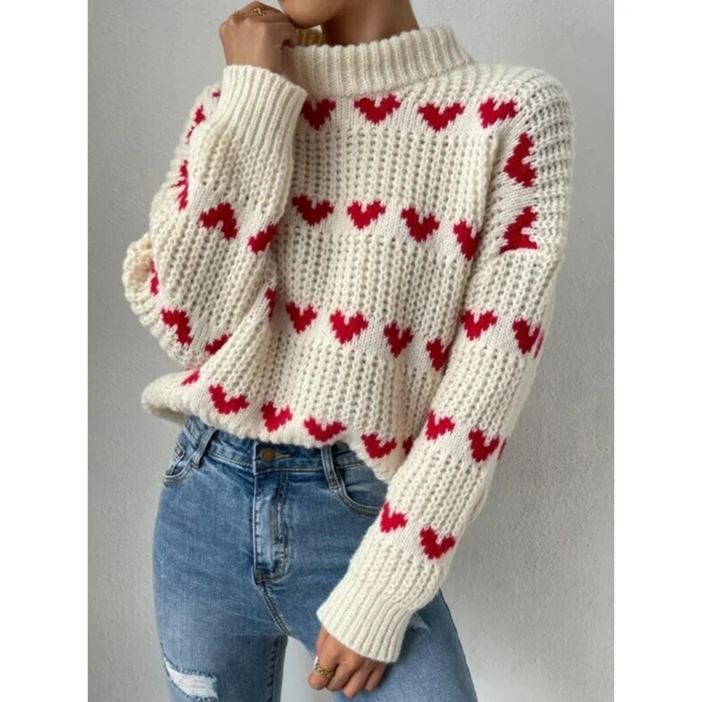 SHEIN Red and White Heart Pattern Mock Neck Sweater Size XS